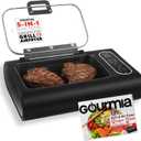 Gourmia Smokeless Indoor Grill & Air Fryer with Recipe Book  Electric Grill for Indoor Use, 5in1 Countertop Cooker, Cast-Iron Grate, 1650W, Glass Lid, Dishwasher-Safe Plates