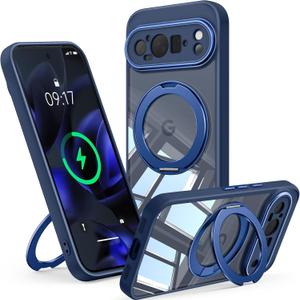 360 Spin Magnetic Stand Case for Google Pixel 9 Pro XL Fit for MagSafe & Pixelsnap Cover with Ring Holder No-Yellow Crystal Clear Camera Protection Phone Google Pixel 9 Pro XL Case - Blue