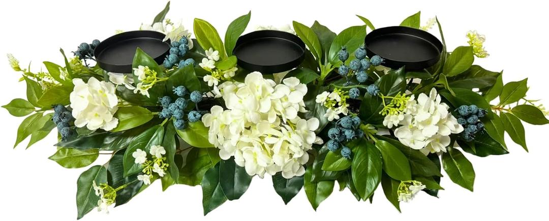 All Season Candle Holder Centerpiece for Table with Artificial Blueberry,White Hydrangea and Eucalyptus Leaf for Table Centerpiece Decor, Dining Room, Party Home Decor