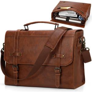 RAINSMORE Mens Messenger Bag 17 Inch Waterproof Vintage Leather Laptop Briefcase Large Laptop Bag Satchel Bag Computer Shoulder Bag for Office Business Travel College,Brown
