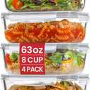 4 Pack 8 Cups/ 63oz Large Glass Storage Containers with Lids, Meal Prep Containers, Glass Food Storage with Airtight Lid for Baking, Leak Proof & Microwave, Oven Safe (4 Containers + 4 Lids)