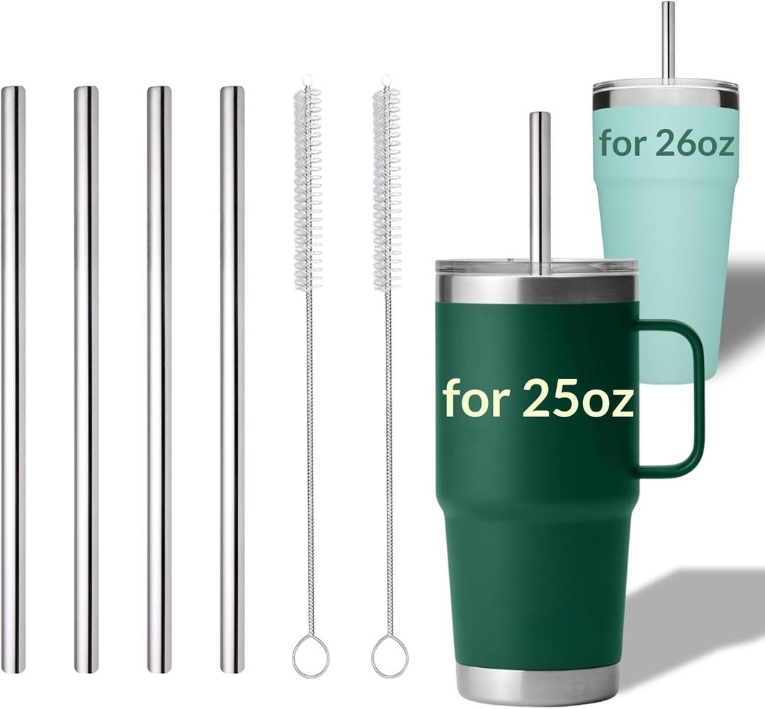 4PCS Metal Straw for YETI Cup, Reusable Stainless Steel Replacement Straws, with 2PCS Cleaning Brushes, Compatible with YETI Rambler 25oz, 26oz, 35oz, 42oz Tumbler with Handle and Straw Lid (25OZ)