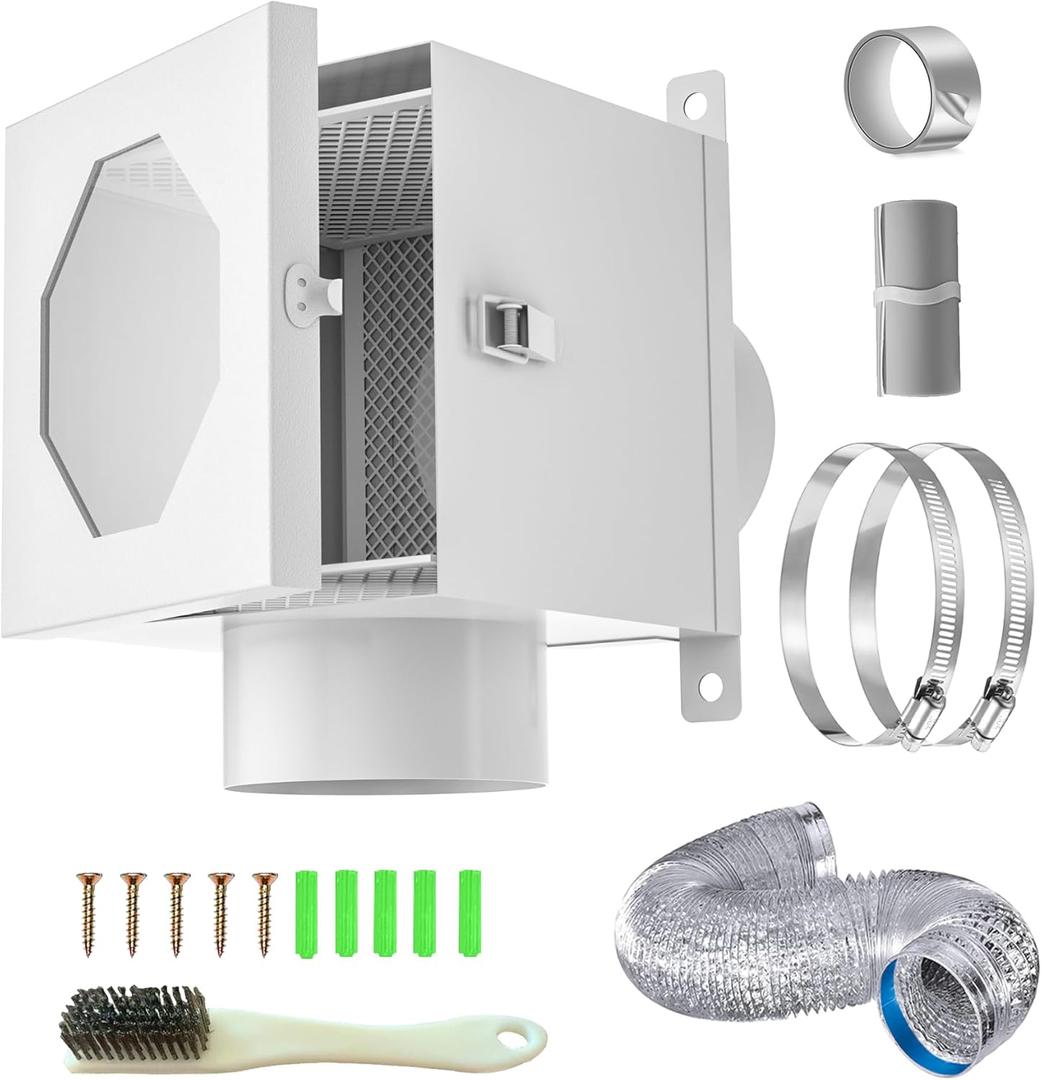 Dryer Duct Lint Trap, Metal Indoor Dryer Vent Kit- Airtight Filter Box with 4" 5FT Flexible Dryer Vent Duct Hose, Clamps & Brush for Laundry Room Exhaust Vent