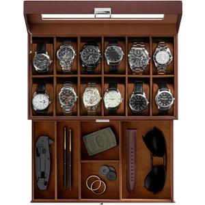 ProCase Watch Box, 12 Slot Mens Watch Case With Drawer, 2-Layer Watch Display Case With Glass Lid, Mens Jewelry Box Storage Holder Organizer, Birthday Valentine Gifts for Men -12Slot, Espresso