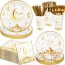 168Pcs Ramadan Eid Mubarak Party Supplies Tableware Set Eid Mubarak Plates and Napkins White Gold Party Plates For Ramadan Party Decorations, Serve 24 Guest (Gold)
