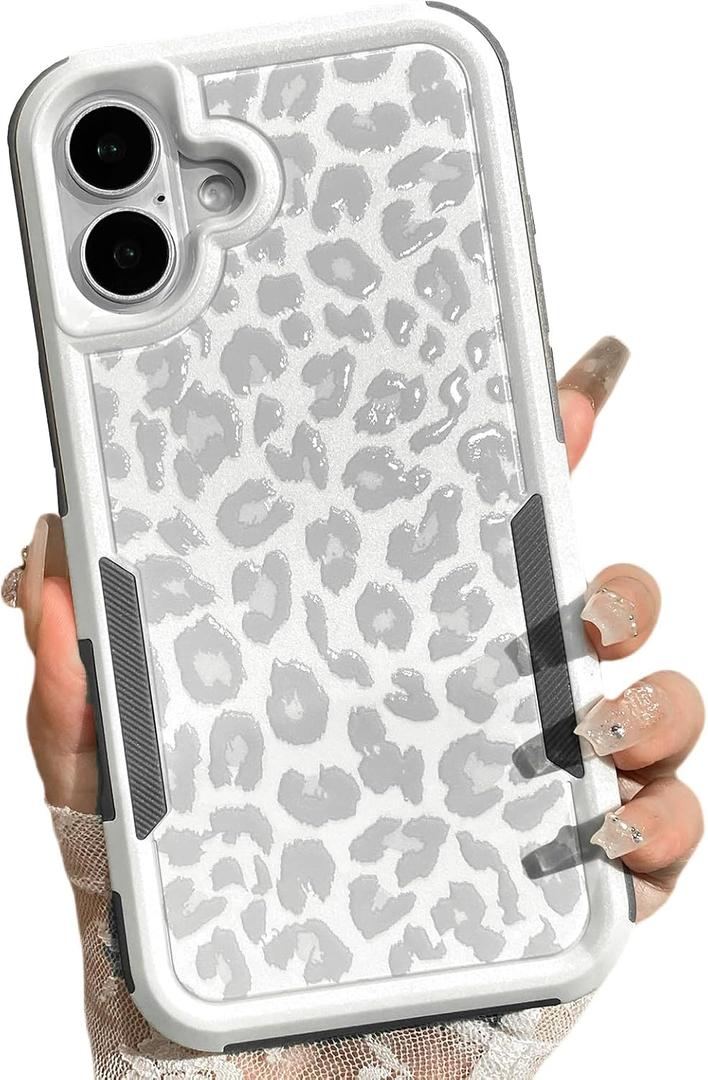 Case for iPhone 16 Plus White Cheetah Light Gray | Leopard Pattern, Heavy Duty, Tough Rugged, Full Body Protection, Shockproof, Protective, Women Girls Case
