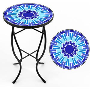 FROMJBEST Mosaic Outdoor Side Table, Patio Side Table, Weather Resistant 14" Diameter 21" H Ceramic Tile Round Outside Table for Patio, Porch, Garden, Pool, Indoor&Outdoor,Plant Stand (Vortex)