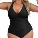 Aqua Eve Women Plus Size One Piece Swimsuits V Neck Tummy Control Bathing Suits Retro Ruched Swimwear Size 18W