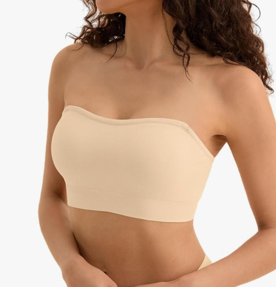 Strapless Bras for Women, S-XL, Non-Slip Silicone Padded Bandeau Bra with Free Clear Strap, Wireless Tube Top Bralette, L