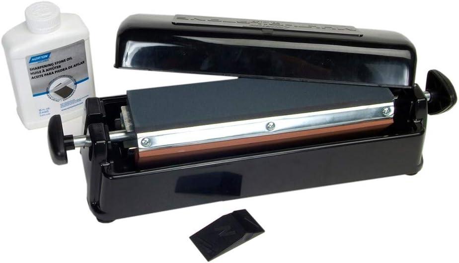 Norton IM313 Multi-Oilstone Sharpening System-Tri Stone Kinfe Sharpener, Stone oil, Plastic angle guide, and reservoir non-skid bottom. Used for Kitchen Knives, Scissors, most professional tools