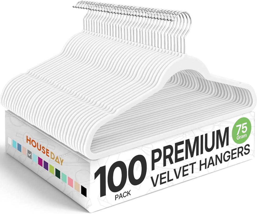 HOUSE DAY Premium Velvet Hangers 100 Pack White, Non-Slip Flocked Felt Hangers, Sturdy Clothes Hanger with 360 Rotatable Hook, Heavy Duty Durable Slim Coat Hanger for Closet Space Saving