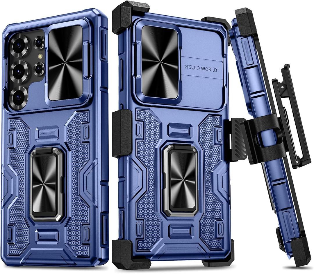VEGO for Samsung Galaxy S25 Ultra Case, with [Belt Clip Holster] [Slide Camera Cover] [360 Rotatable Ring Kickstand] Military Grade Shockproof Protective Cover - Dark Blue