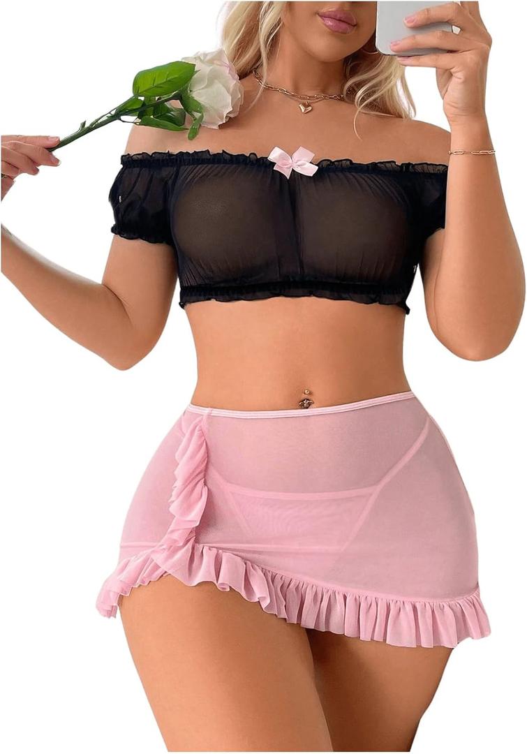 SOLY HUX Sexy Lingerie Set for Women Sheer Mesh Off Shoulder Bra Panty Ruffle Skirts 3 Piece Sets (Small, Black and Pink)
