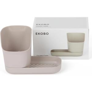 EKOBO Bamboo kitchen Sink Caddy Organizer, Stone, 2Piece Countertop kitchen sponge holder with divider and ribbed tray for soap or brushes, removable Cup, dripReservoir, dishwasherSafe