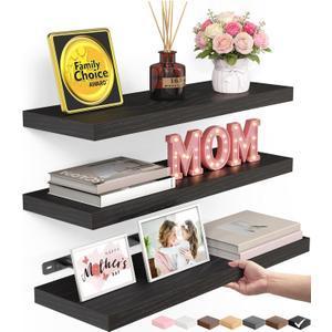 BAYKA Floating Shelves for Wall, Wall Mounted Rustic Wood Shelves for Bathroom, Bedroom, Living Room, Kitchen, Hanging Shelf for Books/Storage/Room Decor with 22lbs Capacity (Black, Set of 3, 15.7in) (A. Black - Universal Classic Style)