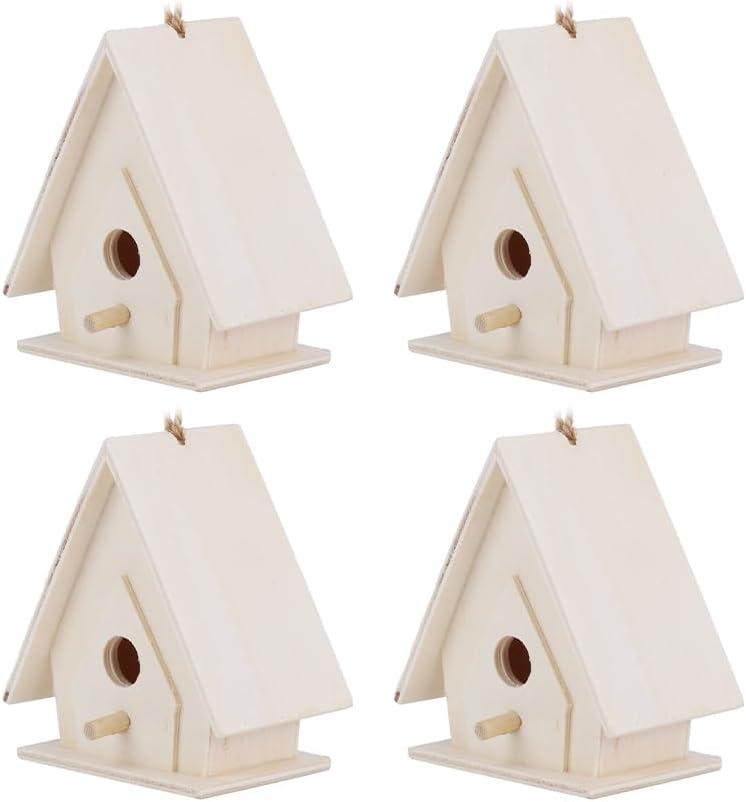 Joyzan Wood Bird House, Mini Hanging Wooden Bird Houses Nests Cage Ornament Crafts Build Paint Unfinished Birdhouse Garden Courtyard Decor Paintable DIY Small Birds Nesting Birdcage Children 4Pcs