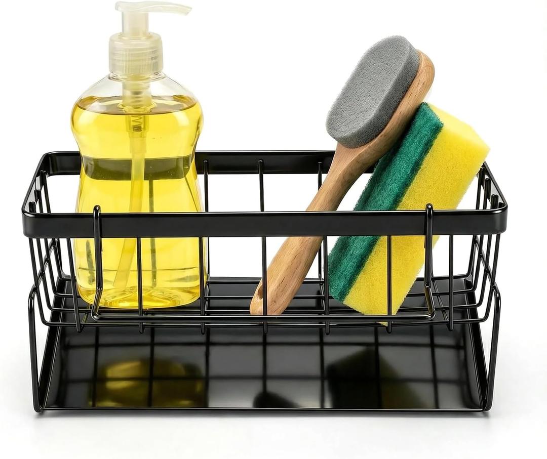 Dish Soap Holder - Kitchen Sink Caddy Organizer, Kitchen Countertop Organizer, with Stainless Steel Self Drain Tray, Rust-Free, for Sponge, Dish Soap Dispenser and Brush Storage Accessories, Black