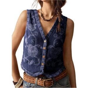 Verdusa Women's Western Outfit Cowgirl Embroidered Vest Tops Button Floral Boho Tank Top (Dark Blue, Medium)