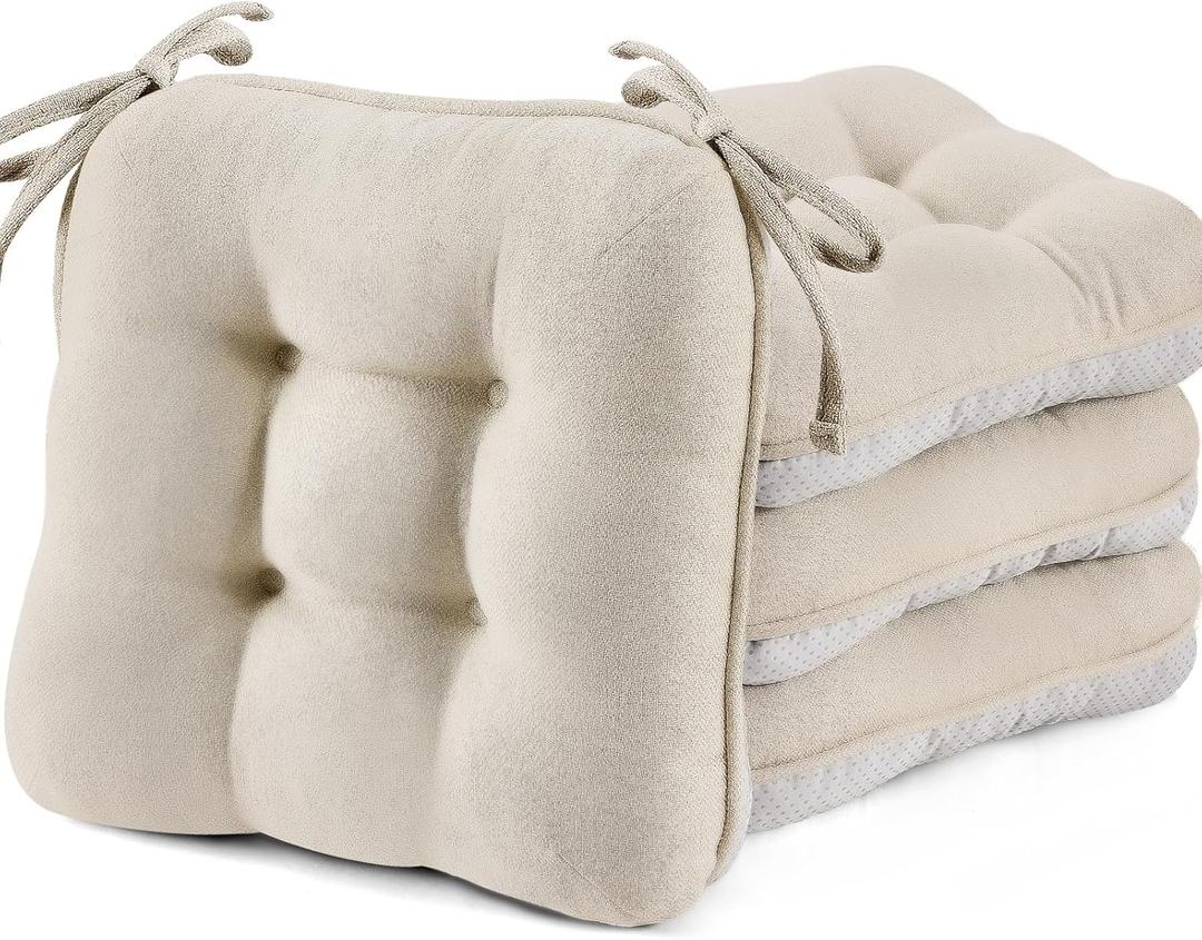 BETU Chair Cushions for Dining Chairs Set of 4,3.5" Thick Kitchen Table Chair Pads with Ties,Non Slip Backing and Covers, Seat Cushion for Dining Room,Bar,Patio Chairs,16"X16"X3.5",Beige