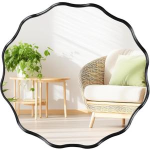 Fabuady Black Round Wavy Edge Mirror - 20'' Circle Wall Mirror with Metal Frame, Decorative Hanging/Leaning Mirrors for Bathroom, Bedroom, Living Room, Hallway, Entryway, Office, Home Decor