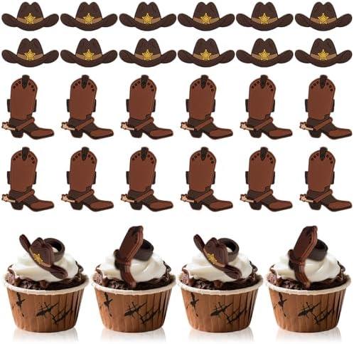 AKAIXI 24PCS Cowboy Cupcake Ring Toppers Western Party Hat Boot Cupcake Decorations Rodeo Cupcake Toppers for Western Theme Birthday Party Baby Shower Cake Decorations Supplies