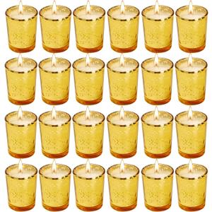 Soft Breeze 24 PCS Speckled Mercury Golden Glass Votive Candle, Unscented Gold Glass Candle, Christmas Decorations Wedding for Table Home Birthday Anniversary Candles,Golden Color