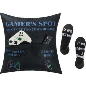 2 x FUTEI Children Gifts,Gamer'Spot Throw Pillow Covers 18x18 Inch Set of 1 Christmas Holiday Home Decor for Couch Bed Living Room (Comes with 1 Pack Standard Size Black Game Socks)