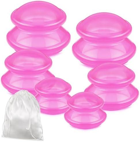 TrelaCo 6 Pcs Cupping Kit for Massage Therapy 3 Sizes Silicone Cupping Set Chinese Massage Therapy for Studio Household Cellulite Joint Pain Muscle Pain(Clear Hot Pink)