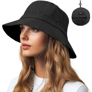 NPQQUAN Sun Bucket Hats for Woman Men Lightweight Sun Hat Packable Foldable Waterproof Beach Hiking Hat (Black)