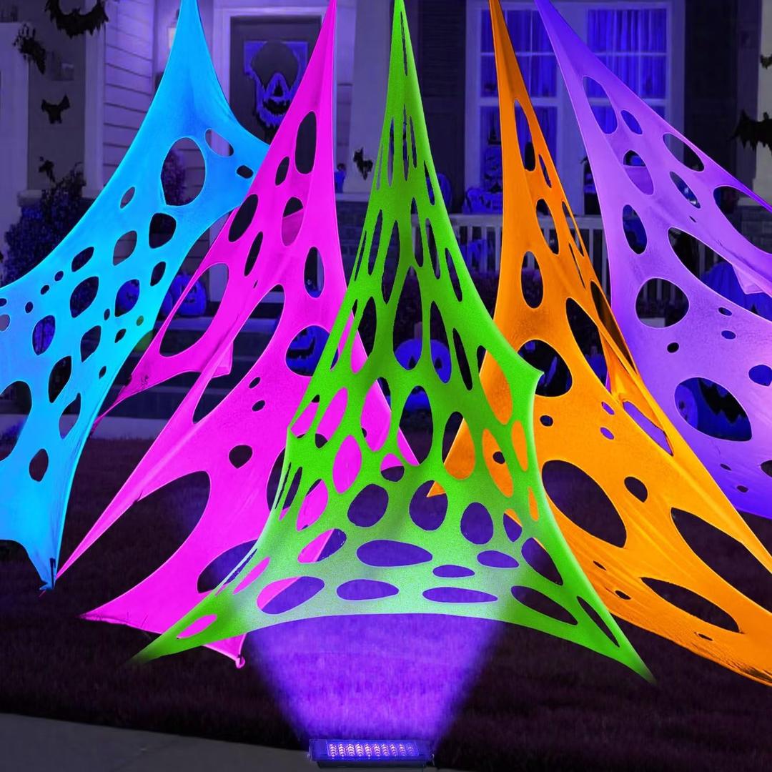Glow in the dark 1300 Sqft 5 colors Uncut Giant Spider Web Halloween Decorations Outdoor with 1 Black Light &10 Ground Nails Stretchy Beef Cloth Netting DIY Flexible Elastic for Yard Party Decor (Five Fluorescen Colors)