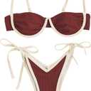 ZAFUL Women's Underwire Bikini Color Block Swimsuit Two Piece String Bikini Set Ribbed Frilled Bathing Suit(2-Brick red,S)