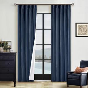 Navy Pinch Pleated 100% Blackout Linen Curtains for Bedroom 84 Inch Length Room Darkening with Liner Dark Blue Window Curtains 84 Inches Long for Living Room Black Out Pleat Drapes Back Tab (40"W x 84"L (Pack of 2))