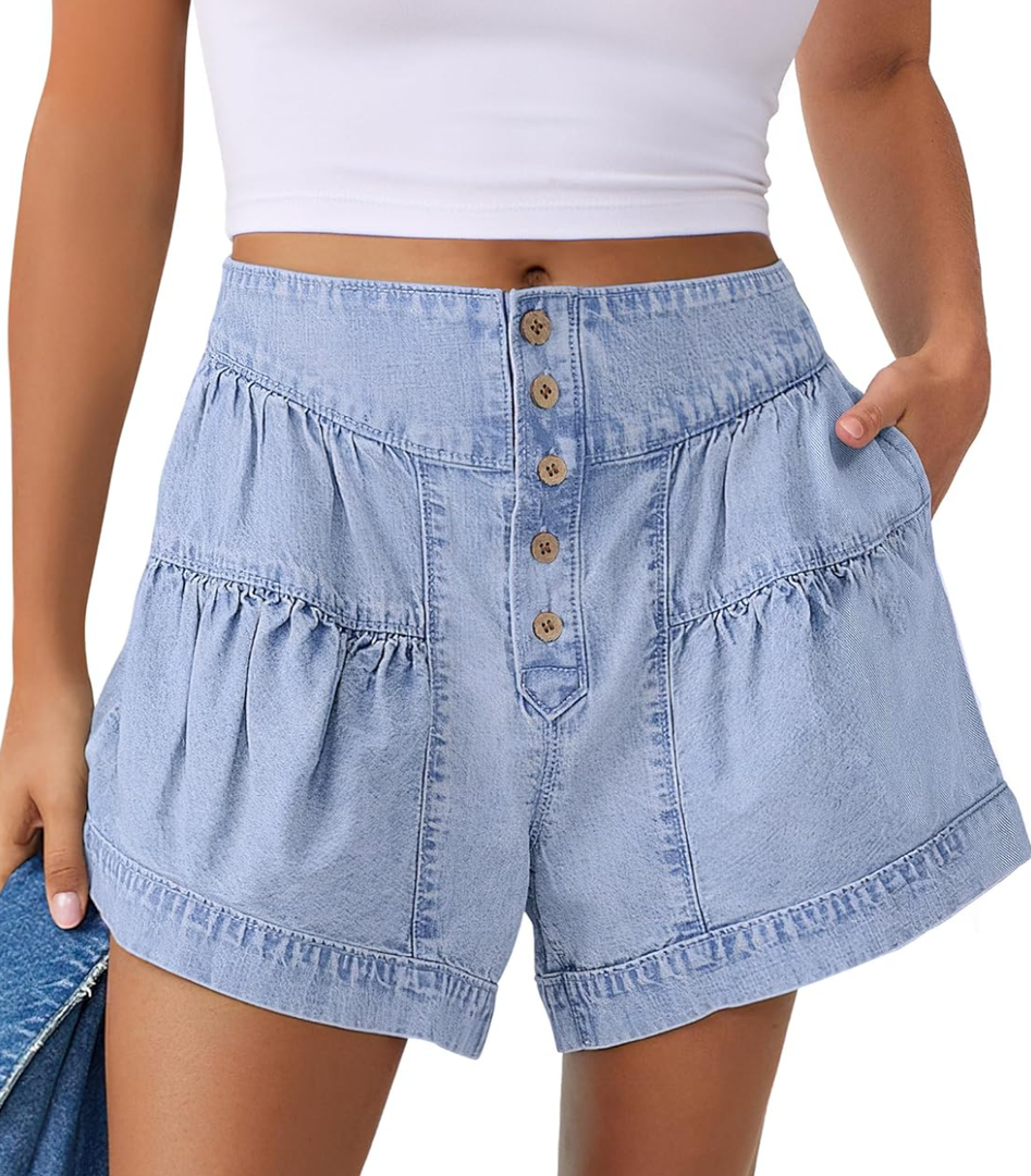 ANRABESS Women's Denim Shorts Summer Baggy High Waisted Flowy Wide Leg Buttons Pleated Casual Jean Shorts 2025 Fashion Skorts M