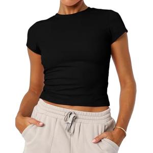 Women's Basic Summer Short Sleeve Crewneck T-Shirts Y2K Cute Going Out Tops Baby Tee(Black,X-Small)