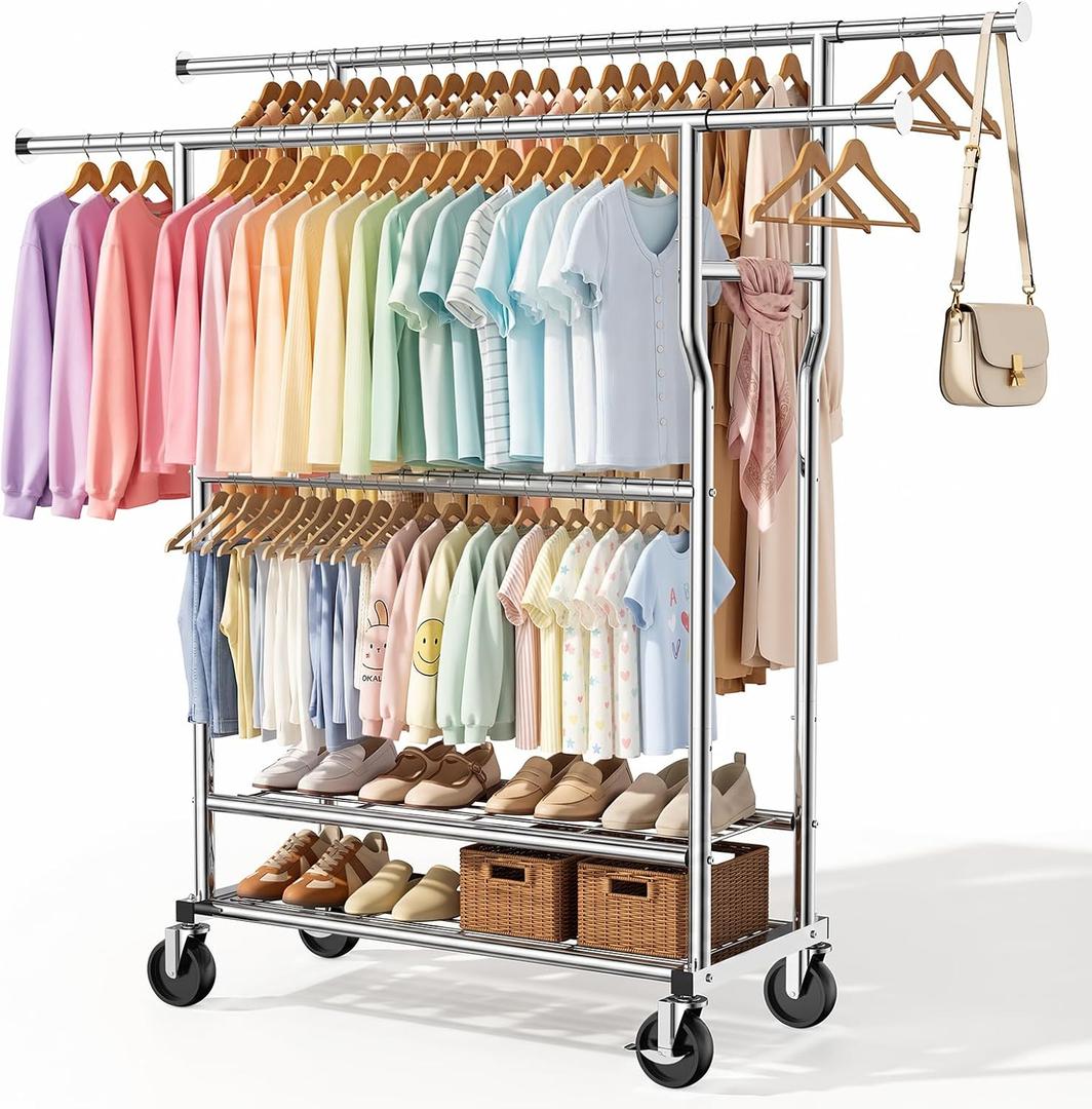 Heavy Duty Clothes Rack Load 960LBS, Adjustable Three Rods Rolling Garment Rack with Double-Layer Bottom Shelf, Portable Commercial Clothing Rack for Hanging Clothes with Wheels, Silver