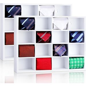 Wesiti Tie Box Organizer Wall Mounted Tie Rack with 16 Compartments Bamboo Belt Holder for Men Scarf Necktie Home Wall Closet(White Color,2 Pieces)