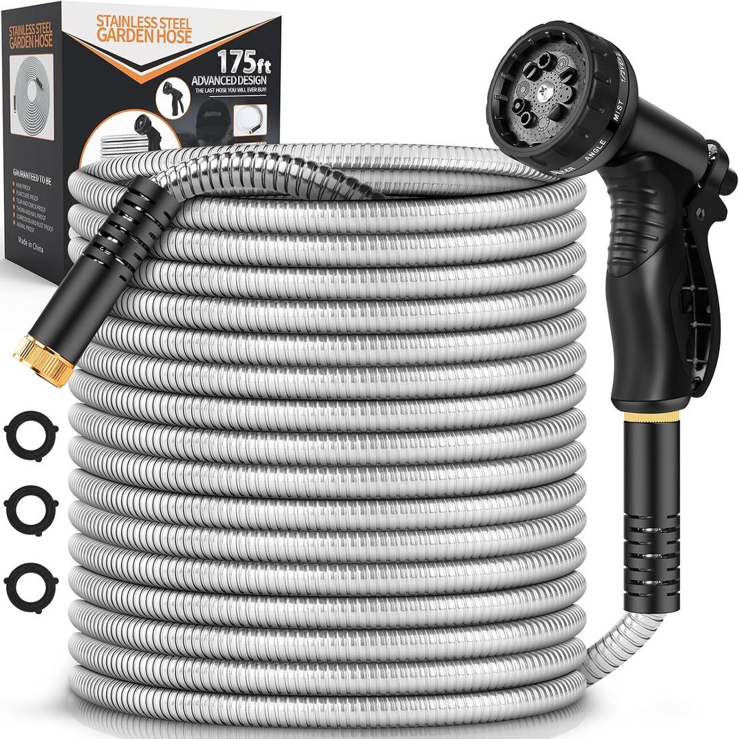 Garden Hose Metal 175FT, Stainless Steel Heavy Duty Water Hose With 10 Function Nozzle, No-Kink, Tough & Flexible, Sturdy and Lightweight, Rust Proof for Yard, Outdoor, RV