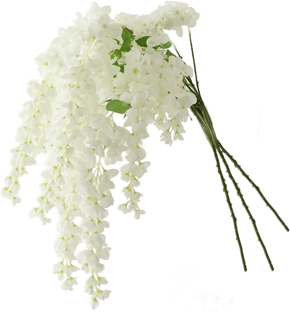 Dailisen 3 Strands 40'' Silk White Wisteria Artificial Flowers, Fake Wisteria Floral Hanging Plant Garland, for Home Decor, Party, Floor Vase, Balcony, Wedding Arrangement Decoration (White)