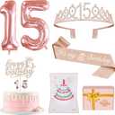 15th Birthday Decorations for Girls with 15th Birthday Crown and Sash, Cake Topper and Candles, Number Balloons, 3D Pop Up Greeting Card, 15 Year Old Gifts for Girls