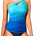 Tempt Me Two Piece Tankini Bathing Suits for Women One Shoulder Swim Top with Bottom Swimsuits (X-Large, Blue Gradient)