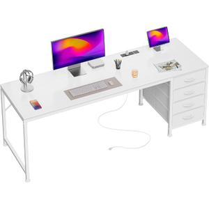 PRAISUN 63 Inch Computer Office Desk with Power Outelts and USB-C Port, Reversible Gaming Desk with 4 Fabric Drawers, Work Study Desk Work from Home, White