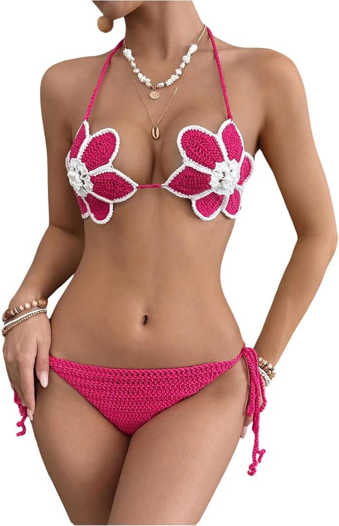 SweatyRocks Women's Crochet Summer 2 Piece Swimsuit Cover Up Sets Self Tie Halter Top and Bottom, S