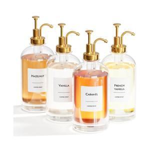 16.9 oz (500 ml) Coffee Syrup Dispenser Set- 4 Glass Bottles with Gold Pumper and Syrup Labels - Precise Dispensing and Stylish Addition to Coffee Shop, Cafe or Home Bar