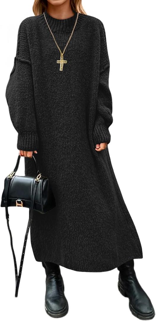Saodimallsu Womens Oversized Sweater Dress Mock Neck Long Sleeve Casual Warm Chunky Knit Fall Winter Maxi Dresses (Small, Black)
