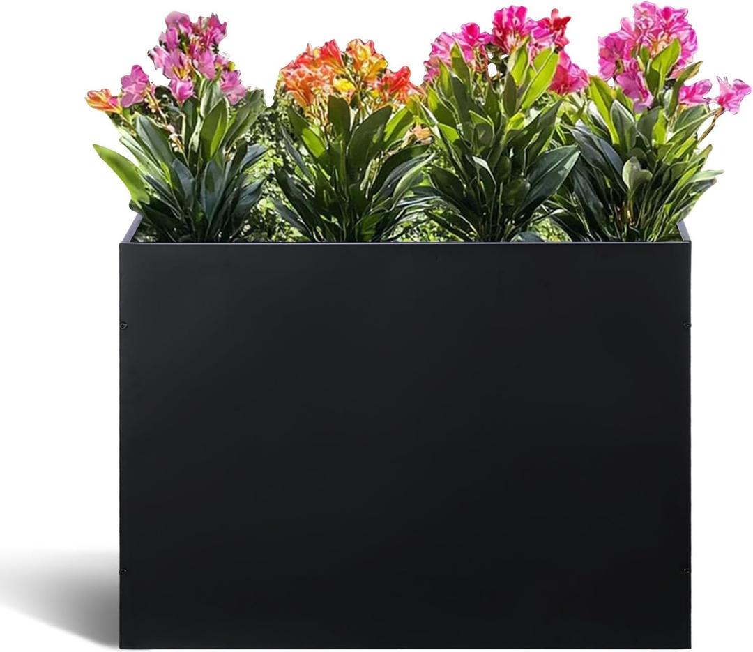 Metal Rectangular Planter Box Tall Planters for Outdoor Plants Modern Heavy Duty with Drainage Holes for Outside Indoor Patio Deck - Black, 32x 12x 24
