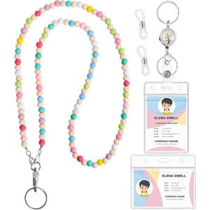 Lanyards for ID Badges Teacher Gifts Cute Wooden Beaded Lanyard with ID Holder Retractable Badge Reel Keys Eyeglass Chains for Women (Colorful)