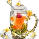 Tea Mugs for Women Glass Tea Cup with Lid Spoon Saucer Lily Flower Coffee Mug Unique Mothers Day Gift Christmas Gift(12oz Yellow)