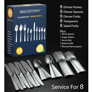 Brightown 45 Piece Silverware Flatware Cutlery Set, Stainless Steel Fork Spoon Knife Sets for 8, Dishwasher Safe,Ergonomic Design Size and Weight