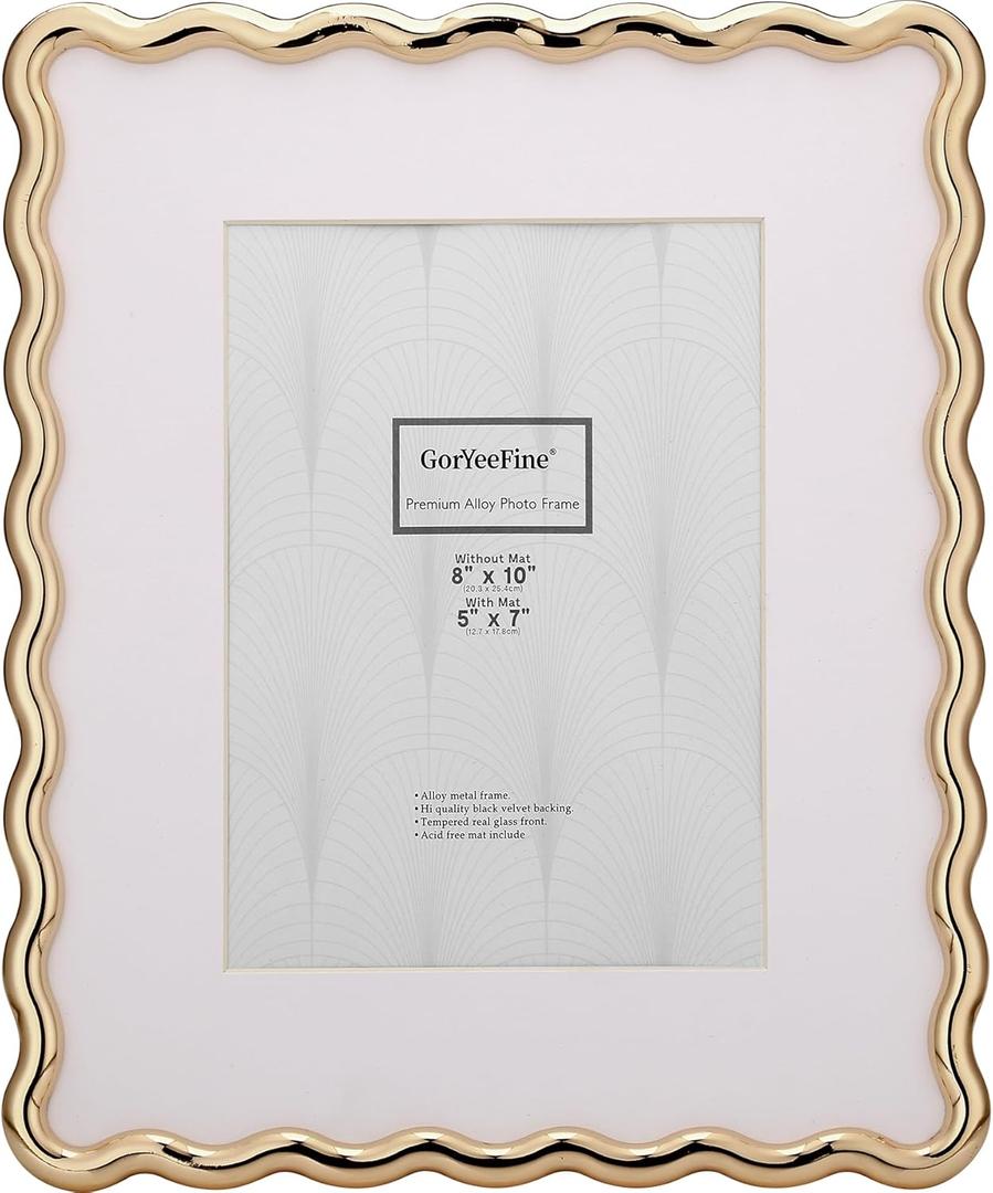 8 x 10'' Heavy-Duty Zinc Alloy Gold Photo Frames with Acid Free Mat for 5x7'',Wave Design Gold Picture Frame 8x10'' with Black Velvet Back