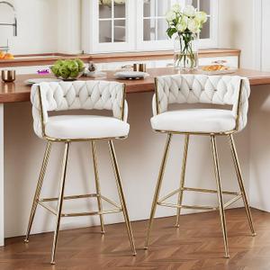 VECELO Bar Stools Set of 2, Counter Height Bar Stools, 26 inch Seat Barstools with Woven Back and Footrest for Kitchen Island Counter, White